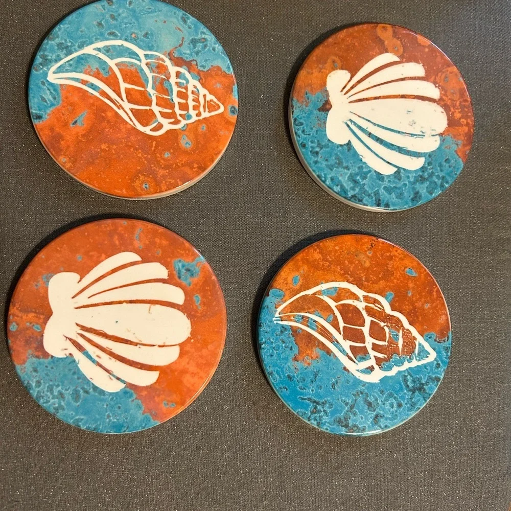 Seashell ceramic Coasters Set of 4 Blue orange‎ New